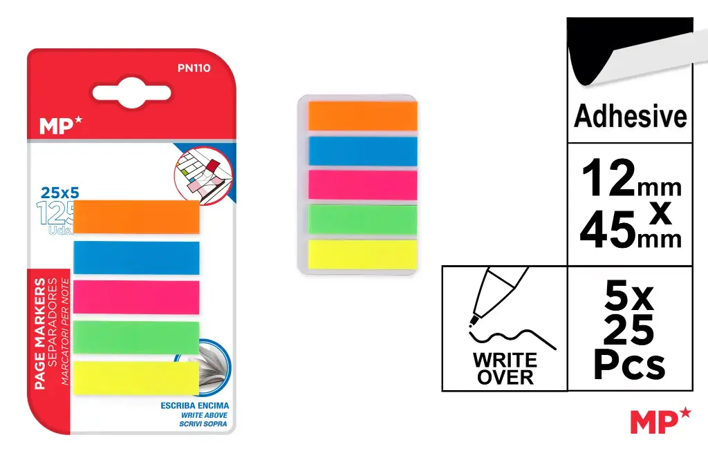 MP Segnapagine Adesivi 44x12mm, 25x5 Colori Fluo