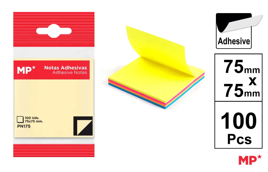 MP Note Adesive 75x75mm 75g, 100F Colori Assortiti Fluo