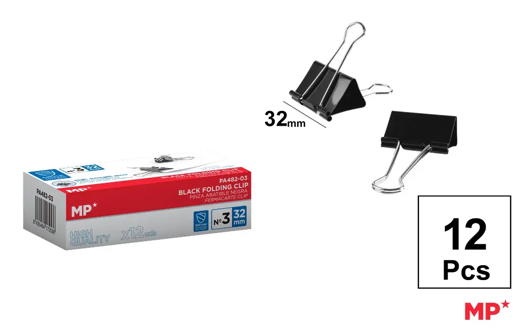 MP Clip Fermacarte in Acciaio 32mm, 12pz Nero